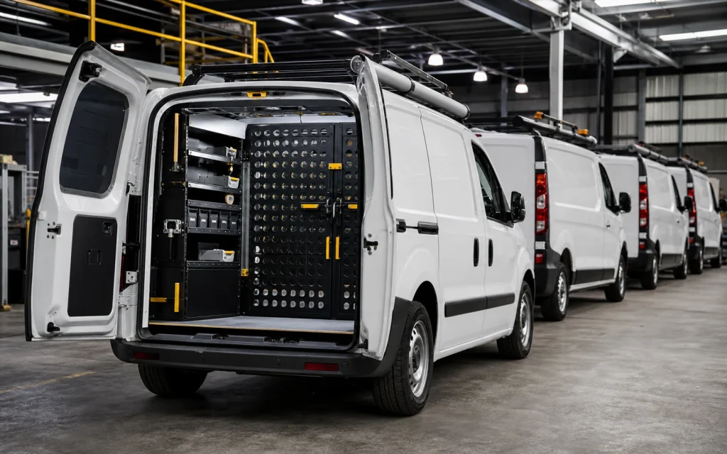 Fleet of white commercial work vans, with one showing an open rear cargo area and fitted storage system.